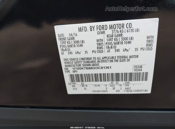 1FM5K7B88GGC81361 2016 FORD EXPLORER Черный Вид подкапотного пространства