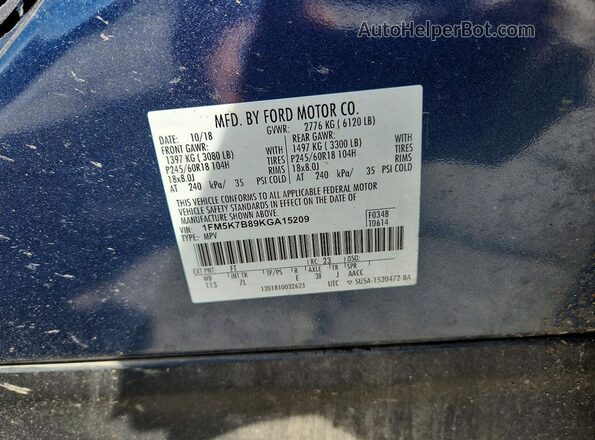 1FM5K7B89KGA15209 2019 FORD EXPLORER Blue VIN კოდის სტიკერის ხედი