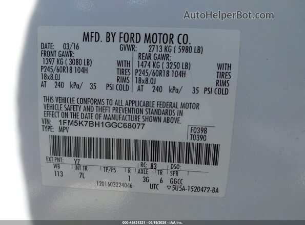 1FM5K7BH1GGC68077 2016 FORD EXPLORER White Շարժիչի բաժամունքի տեսք