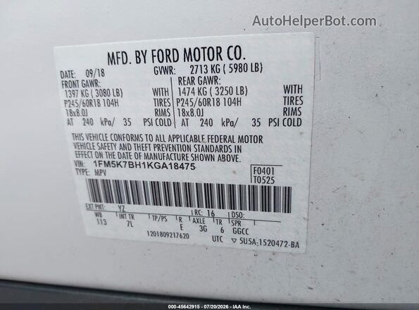 1FM5K7BH1KGA18475 2019 FORD EXPLORER White Շարժիչի բաժամունքի տեսք