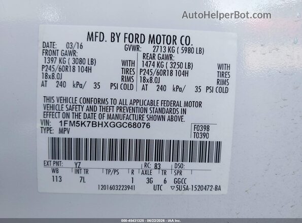 1FM5K7BHXGGC68076 2016 FORD EXPLORER White Շարժիչի բաժամունքի տեսք