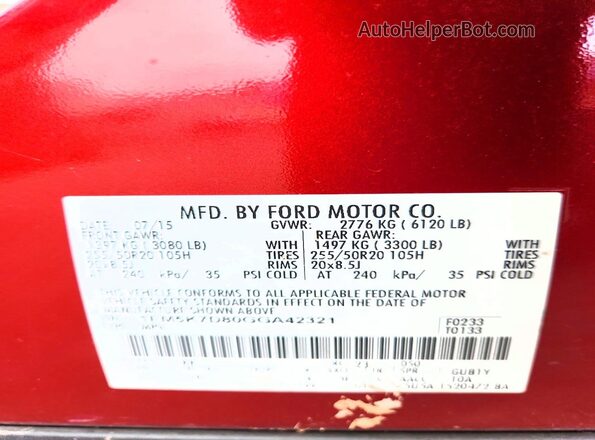 1FM5K7D80GGA42321 2016 FORD EXPLORER Red VIN sticker view