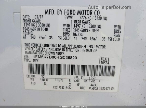 1FM5K7D80HGC36820 2017 FORD EXPLORER White Вид підкапотного простору