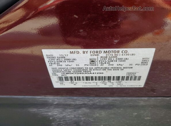 1FM5K7D80JGA41290 2018 FORD EXPLORER Burgundy Вид наклейки з VIN-кодом
