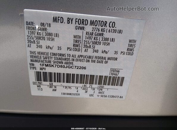1FM5K7D80JGC72206 2018 FORD EXPLORER Silver ძრავის განყოფილების ხედი