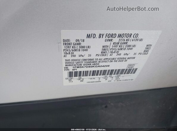 1FM5K7D80KGA04208 2019 FORD EXPLORER White Engine compartment view