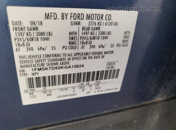 1FM5K7D80KGA15824 2019 FORD EXPLORER Синий Вид наклейки с VIN-кодом
