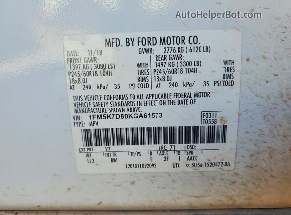 1FM5K7D80KGA61573 2019 FORD EXPLORER White VIN კოდის სტიკერის ხედი