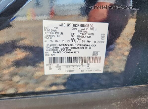 1FM5K7D80KGA95979 2019 FORD EXPLORER Black Vista de la etiqueta del VIN