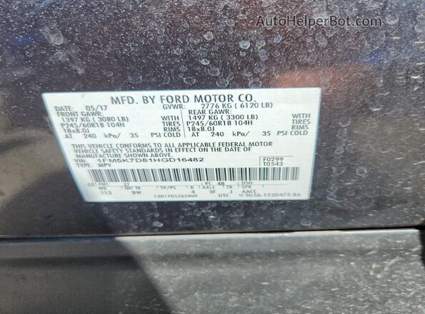 1FM5K7D81HGD16482 2017 FORD EXPLORER Black VIN sticker view