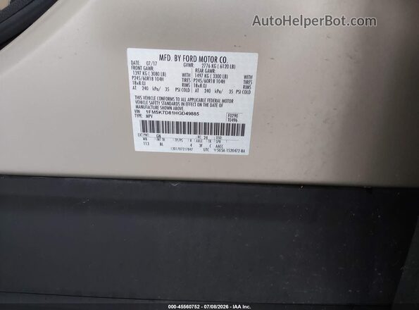 1FM5K7D81HGD49885 2017 FORD EXPLORER Beige Vista del compartimento del motor