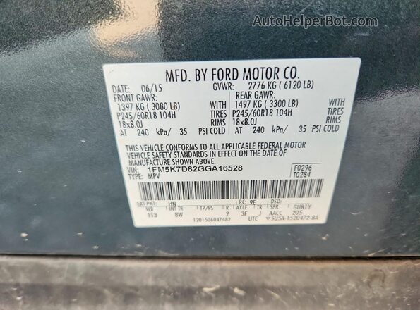 1FM5K7D82GGA16528 2016 FORD EXPLORER Green VIN კოდის სტიკერის ხედი