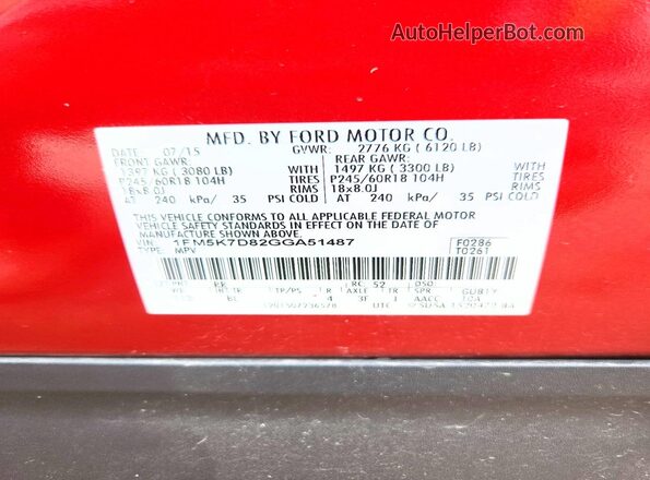 1FM5K7D82GGA51487 2016 FORD EXPLORER Red სალონის 360-გრადუსიანი ხედი