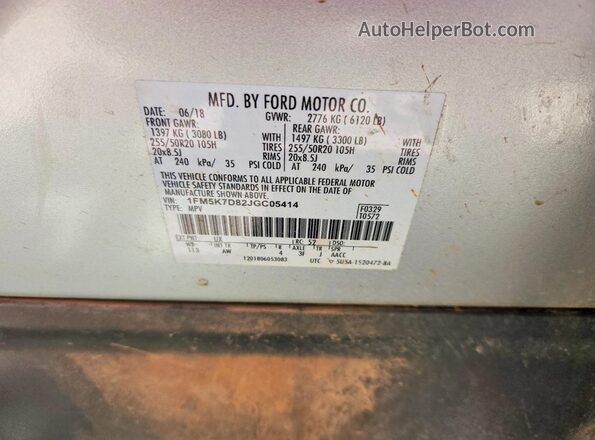1FM5K7D82JGC05414 2018 FORD EXPLORER Silver Вид наклейки з VIN-кодом