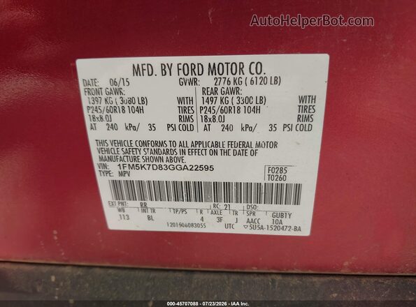 1FM5K7D83GGA22595 2016 FORD EXPLORER Burgundy Vista del compartimento del motor