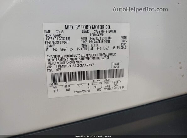1FM5K7D83GGA42717 2016 FORD EXPLORER White ძრავის განყოფილების ხედი