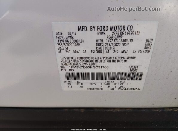 1FM5K7D83HGC31708 2017 FORD EXPLORER White Widok komory silnika