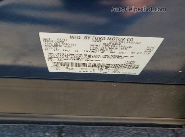 1FM5K7D83HGC46581 2017 FORD EXPLORER Blue Vista de la etiqueta del VIN