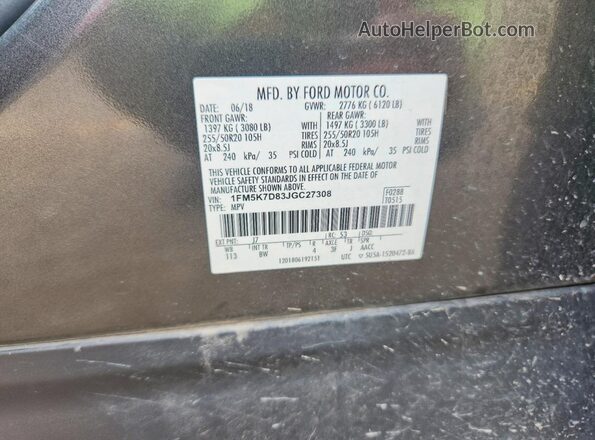 1FM5K7D83JGC27308 2018 FORD EXPLORER Gray Vista de la etiqueta del VIN