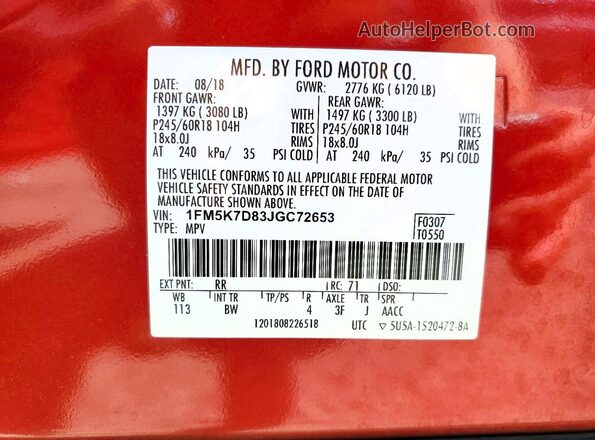 1FM5K7D83JGC72653 2018 FORD EXPLORER Red VIN sticker view
