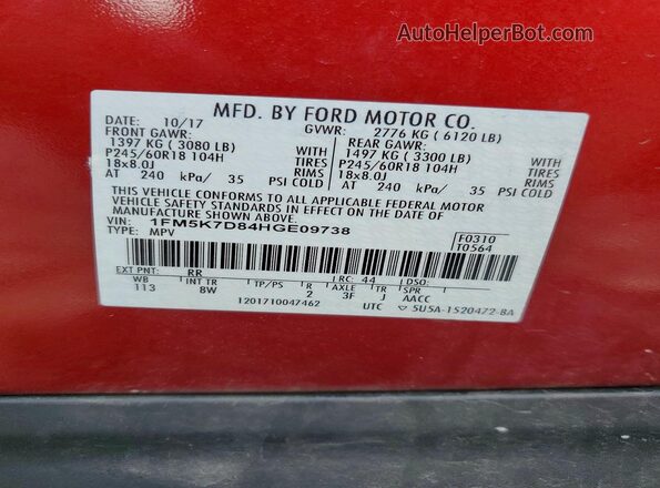 1FM5K7D84HGE09738 2017 FORD EXPLORER Red VIN sticker view