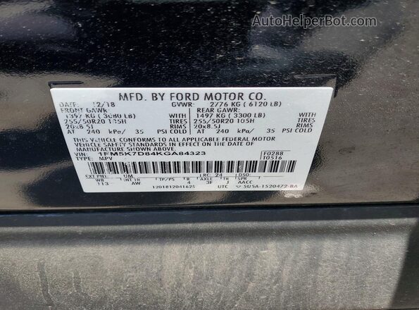 1FM5K7D84KGA84323 2019 FORD EXPLORER Black Вид наклейки з VIN-кодом