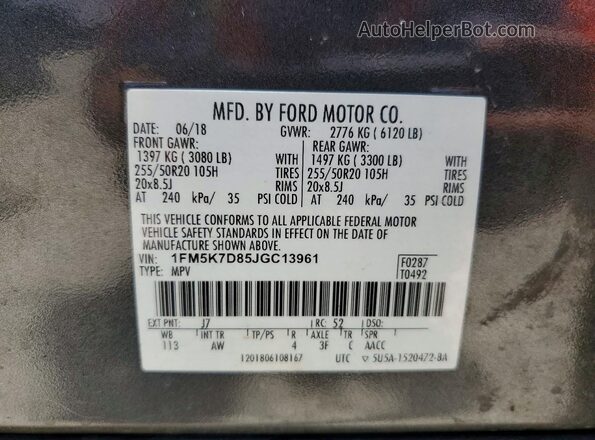 1FM5K7D85JGC13961 2018 FORD EXPLORER Black Вид наклейки з VIN-кодом