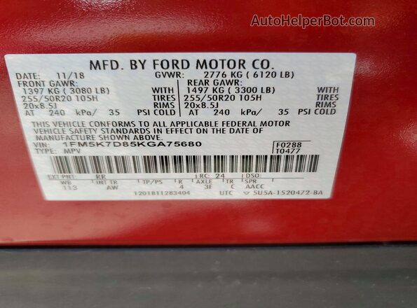 1FM5K7D85KGA75680 2019 FORD EXPLORER Red Вид наклейки з VIN-кодом