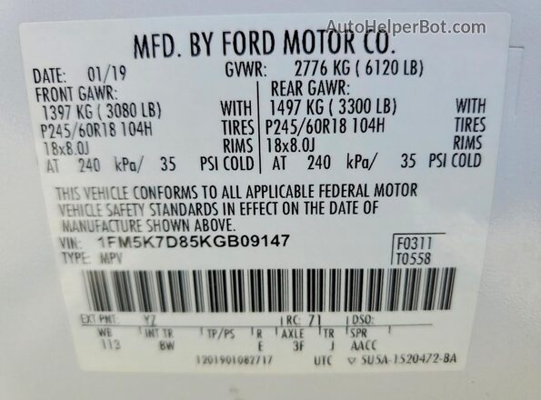 1FM5K7D85KGB09147 2019 FORD EXPLORER White Widok naklejki z numerem VIN