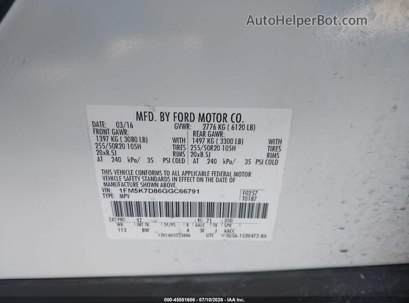 1FM5K7D86GGC66791 2016 FORD EXPLORER Белый Вид подкапотного пространства