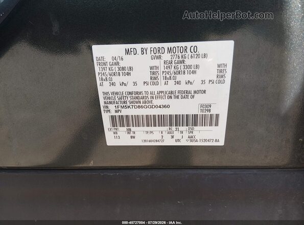 1FM5K7D86GGD04360 2016 FORD EXPLORER Green Vista del compartimento del motor