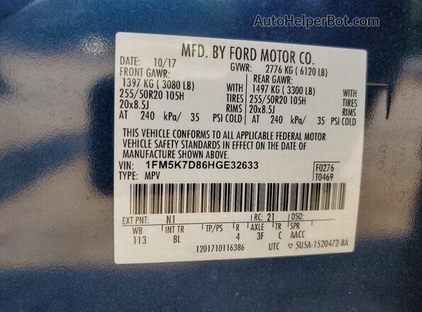 1FM5K7D86HGE32633 2017 FORD EXPLORER Blue VIN կոդի պիտակի տեսք
