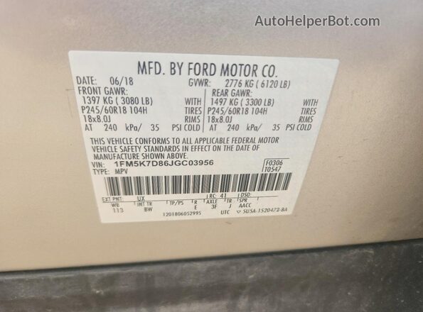 1FM5K7D86JGC03956 2018 FORD EXPLORER Silver VIN կոդի պիտակի տեսք