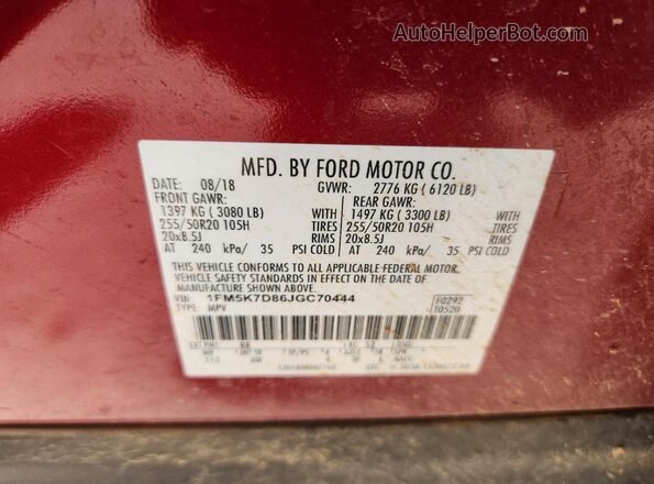 1FM5K7D86JGC70444 2018 FORD EXPLORER Red VIN կոդի պիտակի տեսք