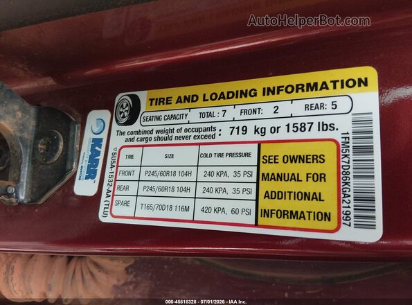 1FM5K7D86KGA21997 2019 FORD EXPLORER Красный Вид подкапотного пространства