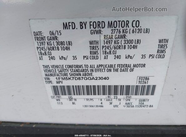 1FM5K7D87GGA23040 2016 FORD EXPLORER White ძრავის განყოფილების ხედი