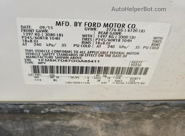 1FM5K7D87GGA85411 2016 FORD EXPLORER White VIN კოდის სტიკერის ხედი