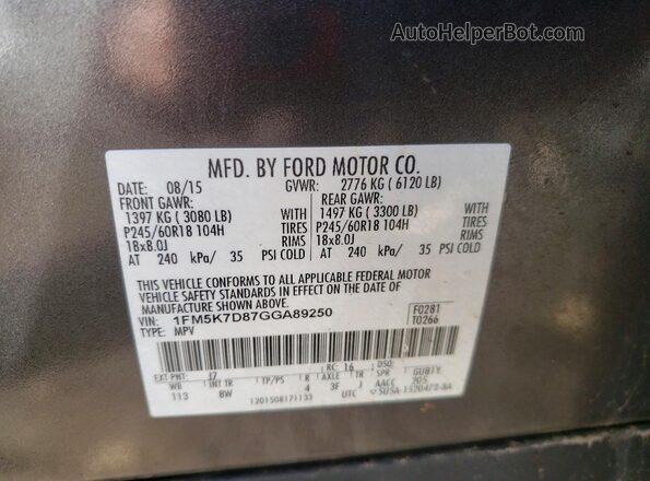1FM5K7D87GGA89250 2016 FORD EXPLORER Gray VIN sticker view