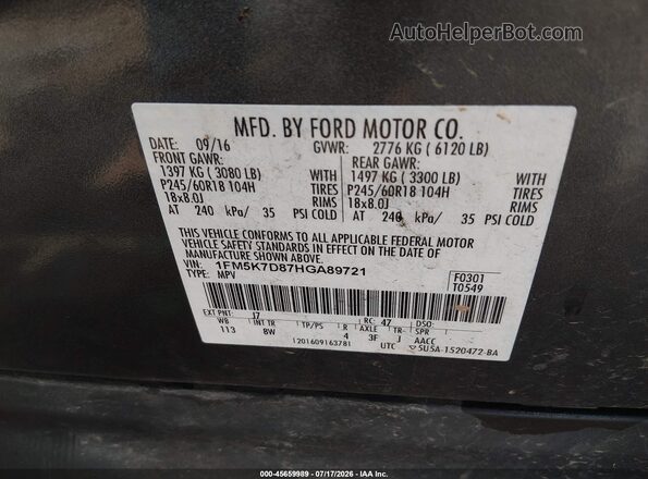 1FM5K7D87HGA89721 2017 FORD EXPLORER Gray Engine compartment view