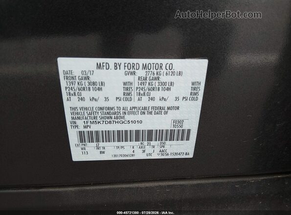 1FM5K7D87HGC51010 2017 FORD EXPLORER Black Vista del compartimento del motor