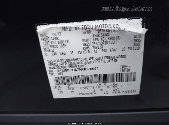 1FM5K7D87HGC76991 2017 FORD EXPLORER Black Engine compartment view