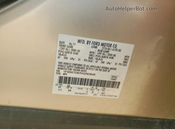 1FM5K7D87HGD63645 2017 FORD EXPLORER Beige Вид наклейки з VIN-кодом