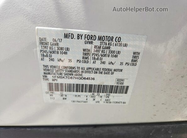 1FM5K7D87HGD64536 2017 FORD EXPLORER White Widok naklejki z numerem VIN