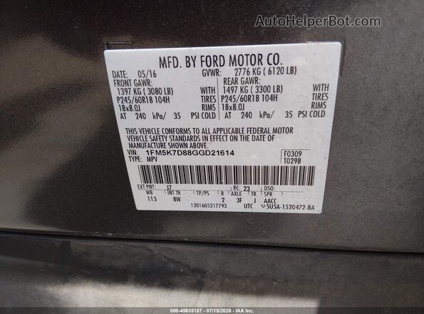 1FM5K7D88GGD21614 2016 FORD EXPLORER Серый Вид подкапотного пространства