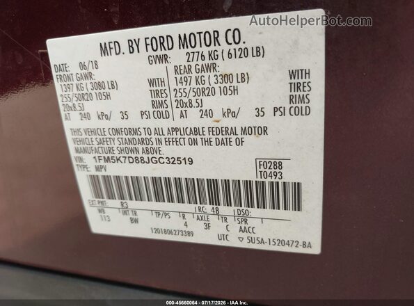 1FM5K7D88JGC32519 2018 FORD EXPLORER Maroon Engine compartment view