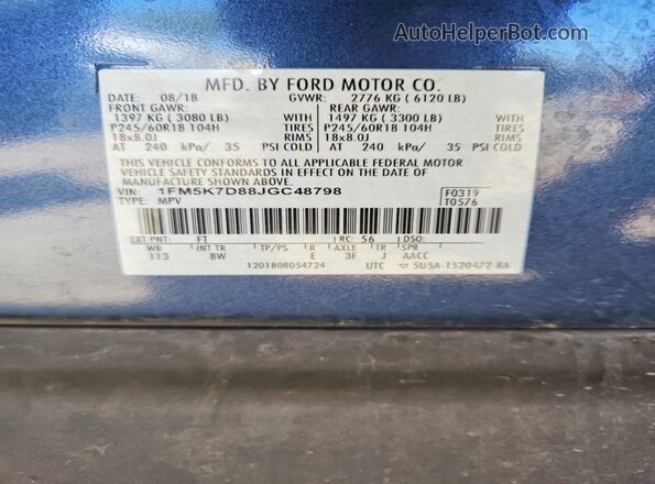 1FM5K7D88JGC48798 2018 FORD EXPLORER Blue VIN կոդի պիտակի տեսք