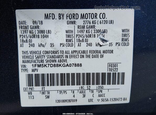 1FM5K7D88KGA07888 2019 FORD EXPLORER Blue Engine compartment view