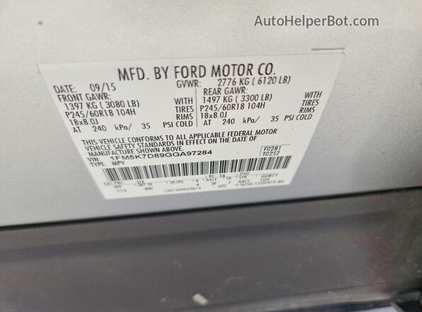 1FM5K7D89GGA97284 2016 FORD EXPLORER Silver VIN sticker view