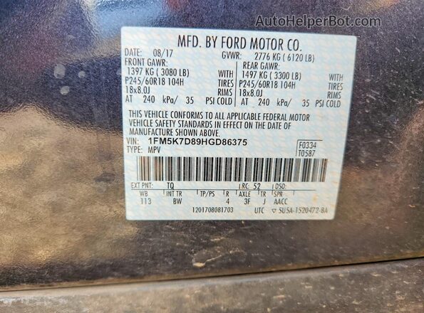 1FM5K7D89HGD86375 2017 FORD EXPLORER Charcoal Widok komory silnika