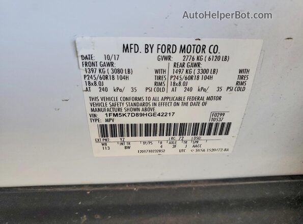 1FM5K7D89HGE42217 2017 FORD EXPLORER White Widok naklejki z numerem VIN